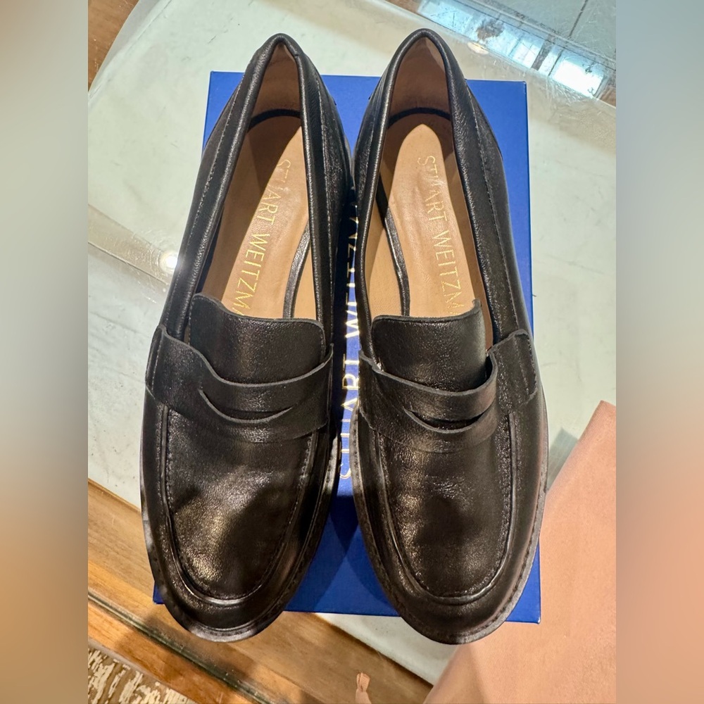 Stuart Weitzman Black Leather Penny Loafers